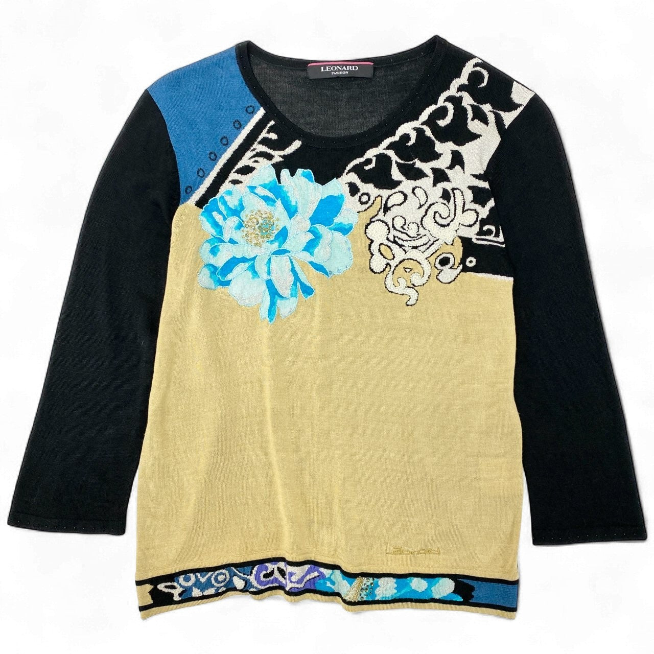 58k22【美品】LEONARD レオナール ラインストーン装飾 ラメ入り シルクニットセーター 薄手ニット サイズL  レディース 女性用 トップスk02i