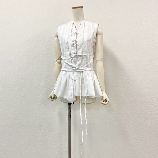 57h4 Jean Paul GAULTIER ジャンポールゴルチエ レースアップ ノースリーブブラウス シャツ ベスト レイヤード◎ チュニック丈 40 ホワイト コットン レディース