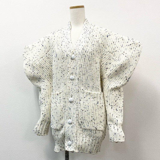 73f27 極美品 sacai サカイ 25ss Nep Yarn Knit Cardigan ニットカーディガン 変形デザイン レザー切替 25-07656 1 ホワイト系 ポリエステル レディース