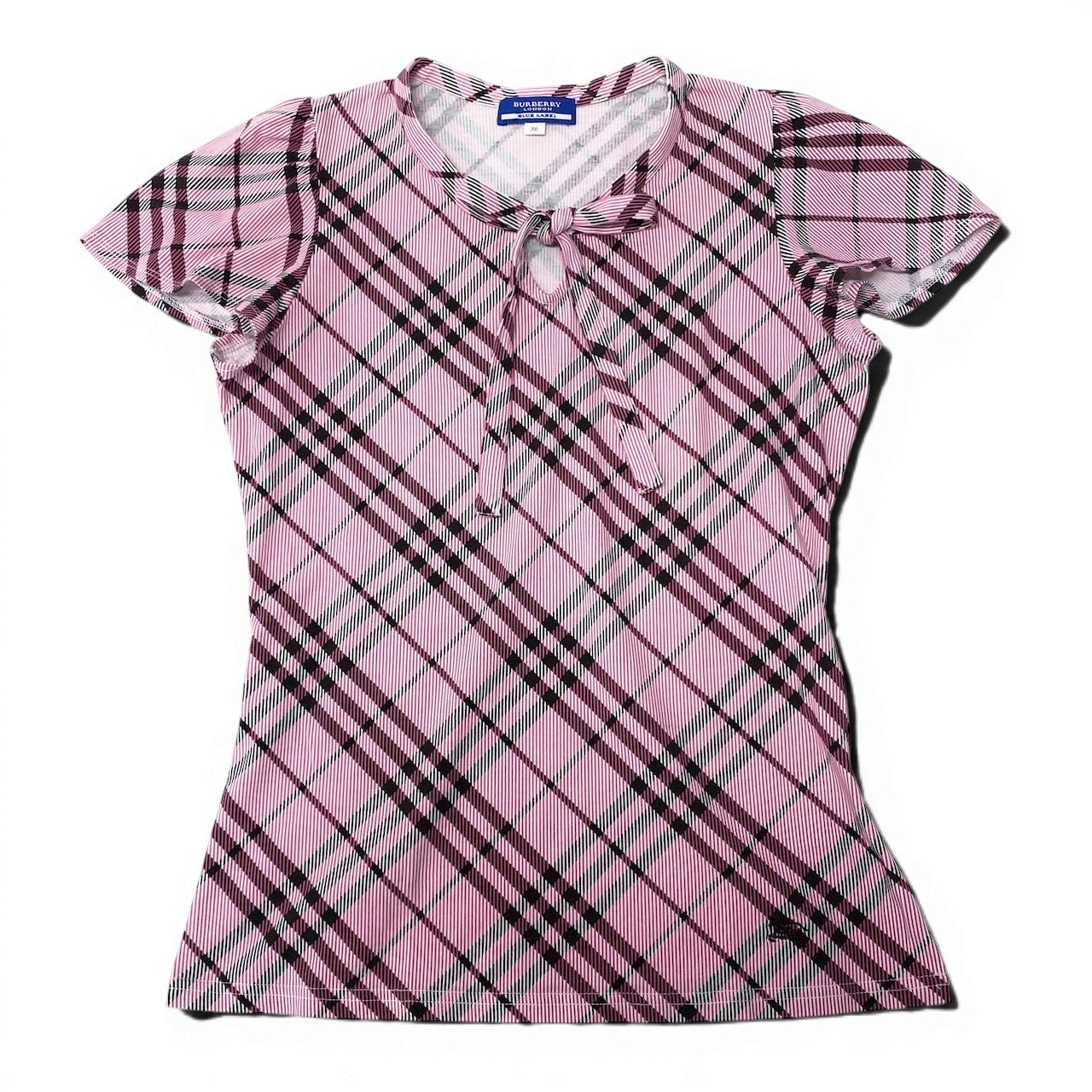 Ig6 BURBERRY LONDON BLUE LABEL バーバリーロンドン ブルーレーベル 半袖Tシャツ チェック柄 ストレッチ ロゴ刺繡 サイズ38 ピンク  レディースo07t
