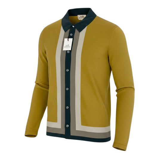 Md21 【新品保管品】HERMES エルメス ロングスリーブニットシャツカーディガン ストライプ トップス イタリア製 Lサイズ マルチカラー ウール100％ メンズ 男性用t18r