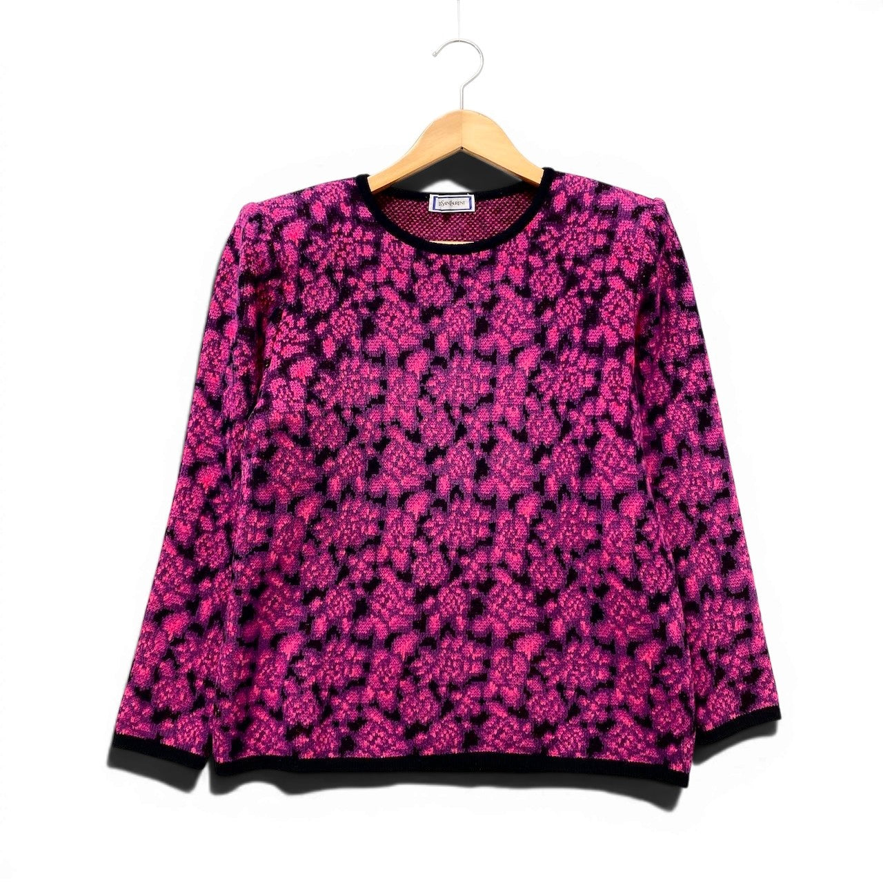 82f28 YVES SAINT LAURENT イヴサンローラン クルーネック ニットセーター 総柄 ウールブレンド サイズM ピンク パープル ブラック レディース 女性服o07t