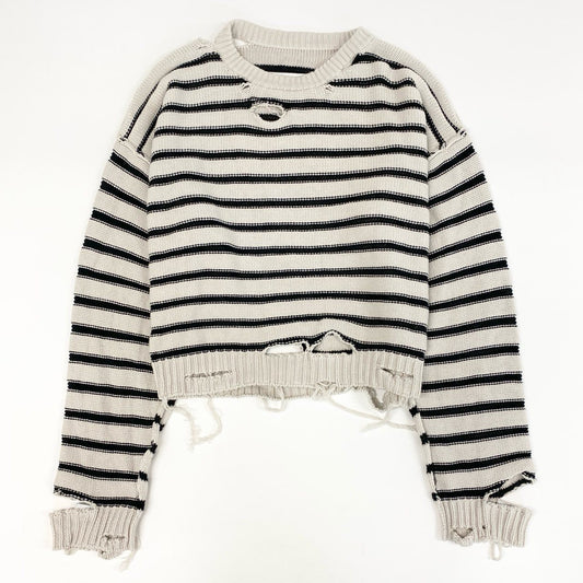 19g28《美品》 MM6 エムエムシックス メゾンマルジェラ Border sweater ダメージ加工 コットンニットセーター イタリア製 S52GP0141 XS ベージュ ブラック コットン レディース