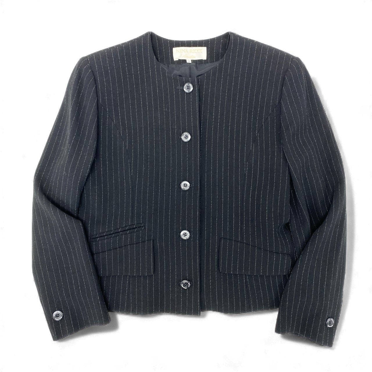 15K18 《美品》 NINA RICCI Atelier ニナリッチ ノーカラージャケット ストライプ柄 ウールブレンド フォーマル レディース 女性用 13 ブラックu02t