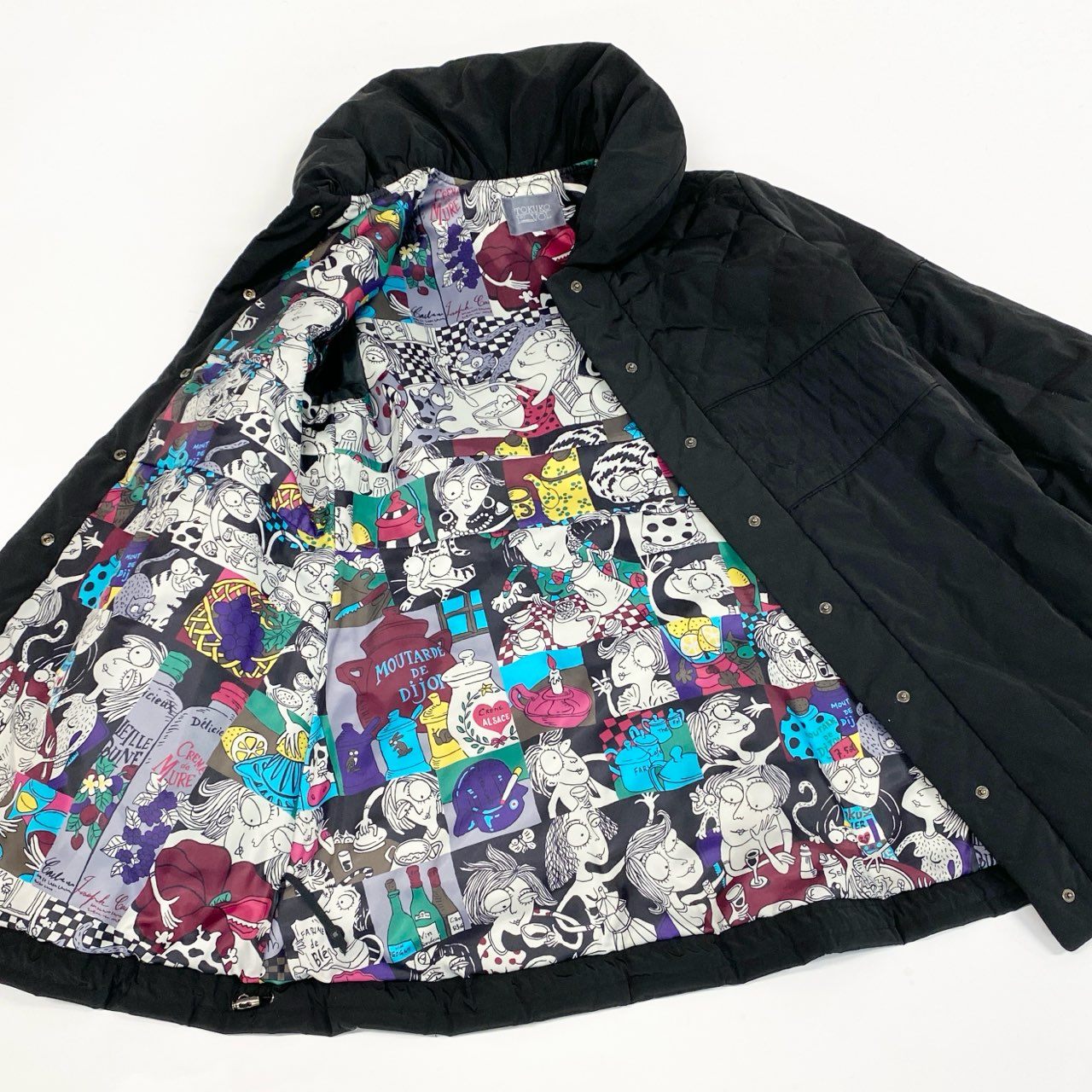 82k28 TOKUKO 1er VOL トクコプルミエヴォル ダウンコート ロングコート Aライン 裏地総柄プリント アウター 9 ブラック ポリエステル レディースu02t