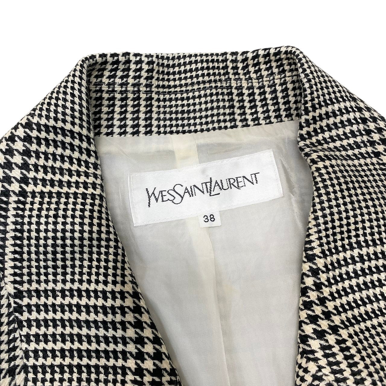 68g4 YVES SAINT LAURENT イヴサンローラン 千鳥格子柄 チェスターコート ロングコート 比翼ボタン サイズ38 アイボリー ブラック レディースu02t