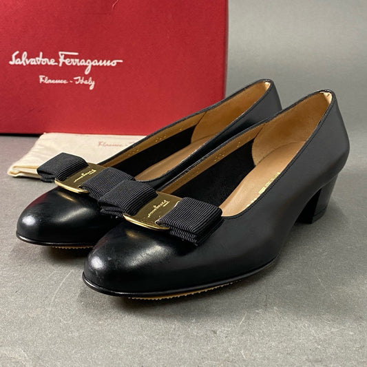 1f11 Salvatore Ferragamo サルヴァトーレフェラガモ ヴァラリボン スムースレザー パンプス レザーパンプス サイズ5D ブラック レディース 女性用 靴