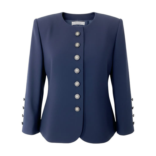 33f15 YVES SAINT LAURENT イヴサンローラン ノーカラージャケット 装飾ボタン サイズＭ ネイビー ウール100％ レディース 女性用u02t