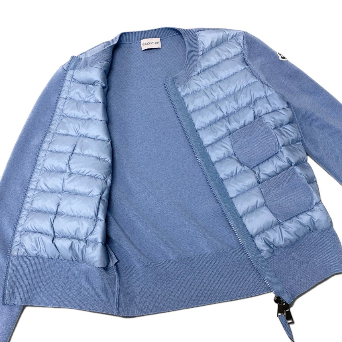 Ei13 MONCLER モンクレール  CARDIGAN TRICOT カーディガン トリコット ダウン ロゴワッペン XS ライトブルー レディース 女性用k02i