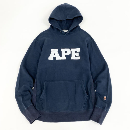 49f2 A BATHING APE アベイシングエイプ 90s 初期タグ プルオーバー フーディ パーカー ロゴプリント VINTAGE ヴィンテージ Lサイズ ネイビー コットン