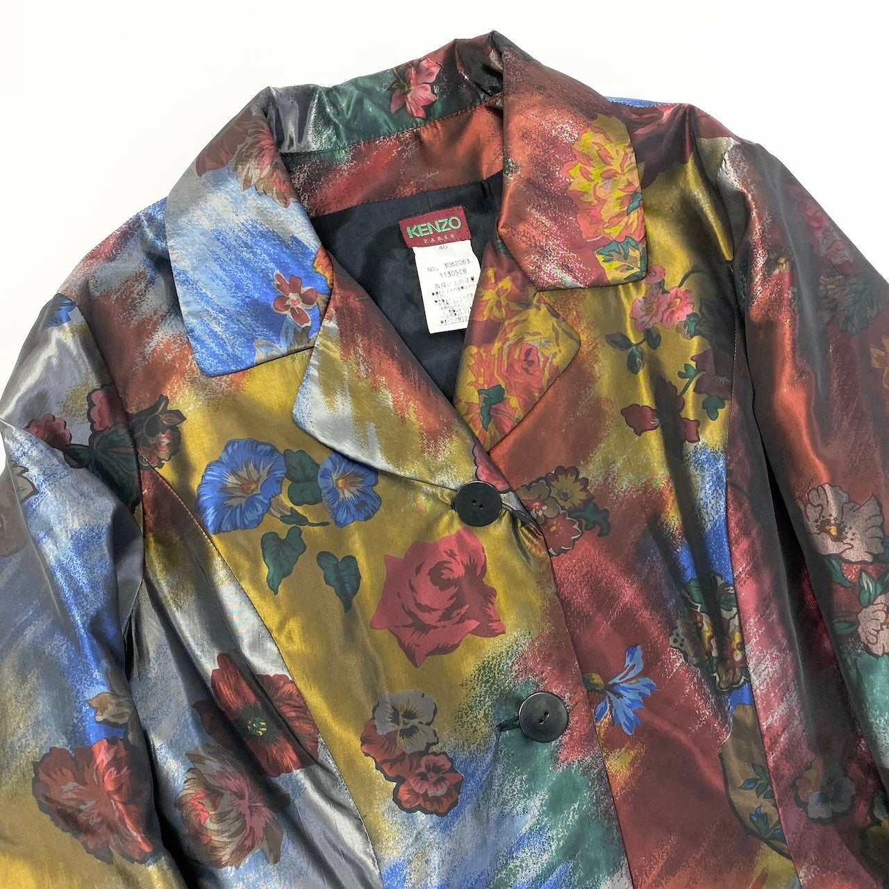 34d12 【美品】 KENZO ケンゾー セットアップスカート  テーラードジャケット プリーツスカート 花柄プリント 光沢 フランス製 サイズ 40-38 マルチカラー レディース 女性用u02t