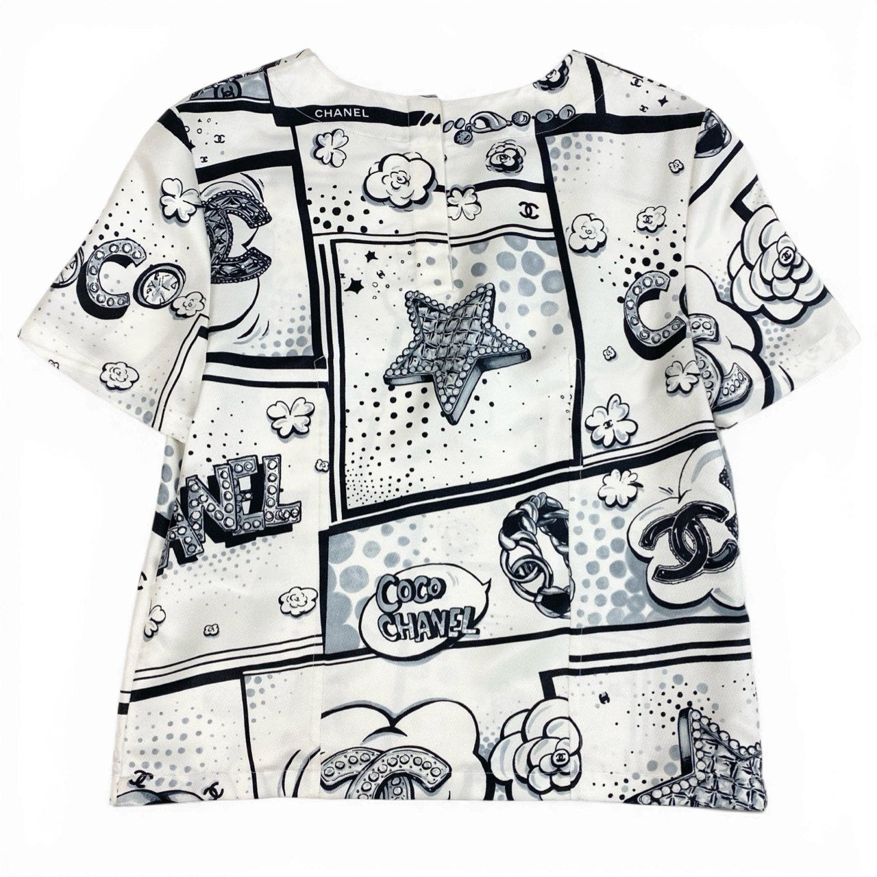 b23 CHANEL シャネル P80342 2025SS CCロゴ 半袖シルクブラウス 半袖トップス サイズ38 オフホワイト系 レディース Tシャツta1
