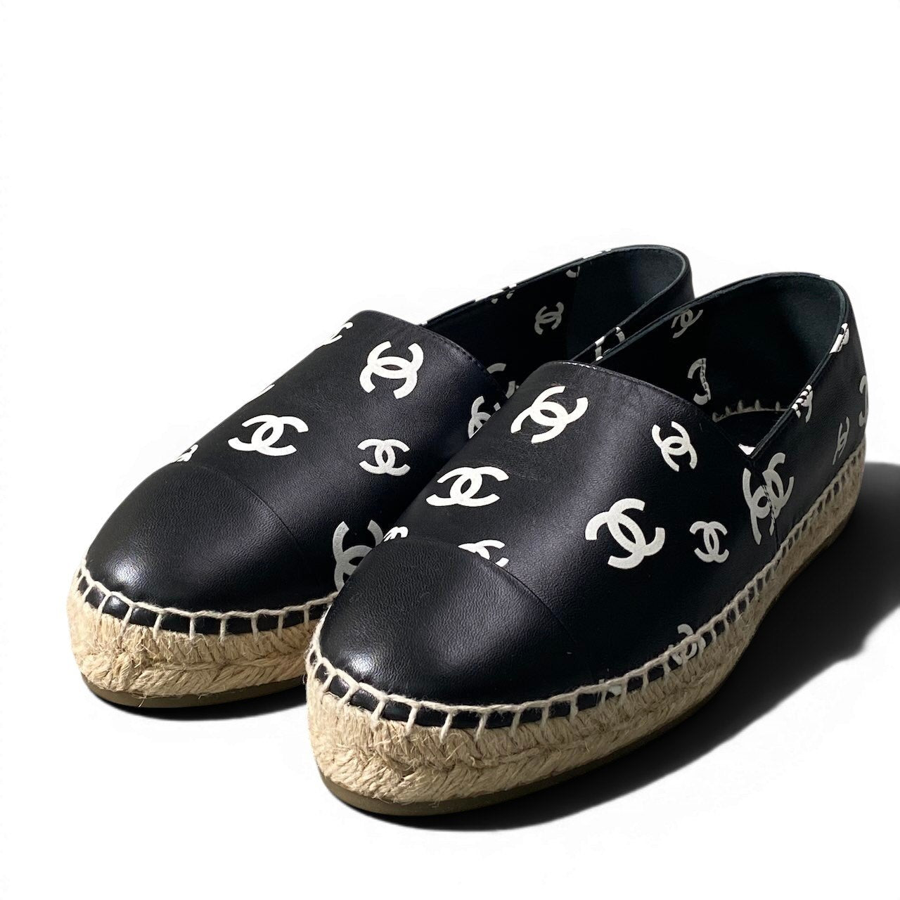 e13 CHANEL シャネル エスパドリーユ フラットシューズ ココマーク レザー G38628 サイズ39 ブラック レディース 女性靴ta1
