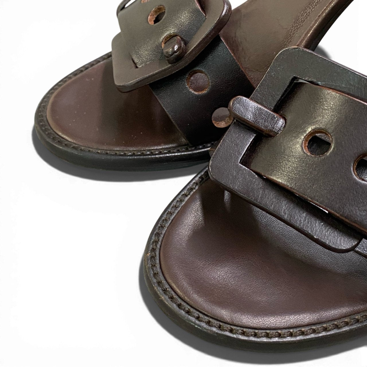 1b12 BOTTEGA VENETA ボッテガヴェネタ バックルベルト レザーサンダル ヒールパンプス 37 ブラウン カーフレザー レディースk02i