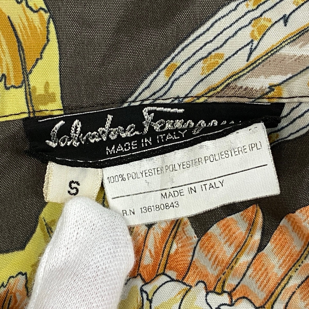 j19 Salvatore Ferragamo フード付きジャケット 鳥 花柄 総柄 ミドル丈 Sサイズ ブラウン系 ポリエステル100％ レディース 女性用u02t