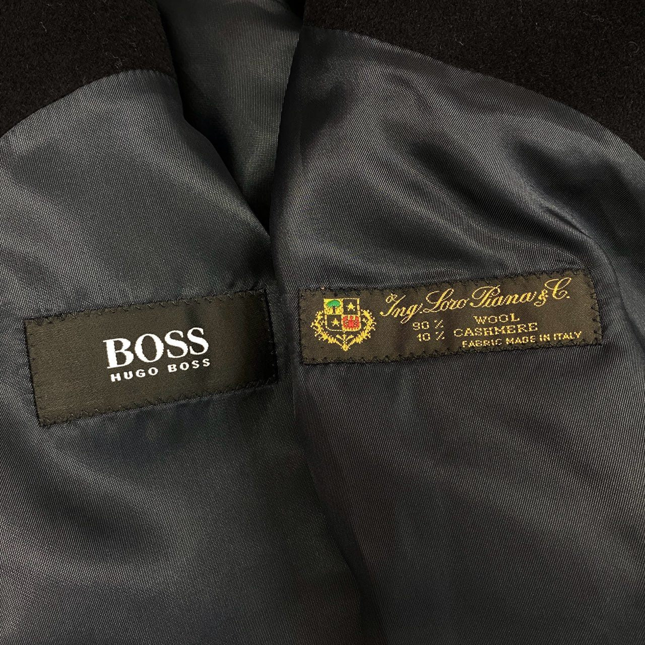 37d14 BOSS HUGO BOSS ボス ヒューゴボス ステンカラーコー ト ロングコート ロロピアーナ生地 ウールカシミヤ混 サイズ46 ブラック メンズ 紳士服o07t