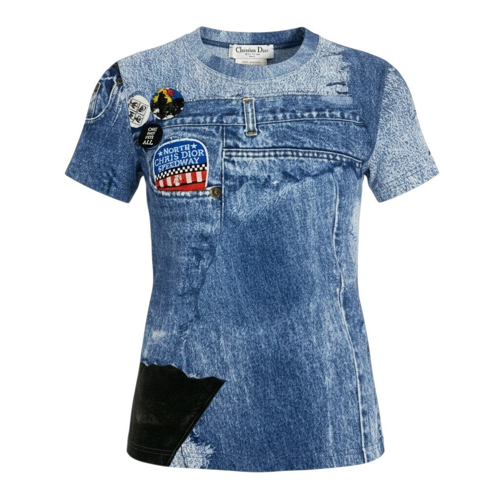 Ic6 Christian Dior クリスチャンディオール ガリアーノ期 デニム転写プリント 半袖Tシャツ カットソー 1A12055021 38 ブルー コットン レディースu02t