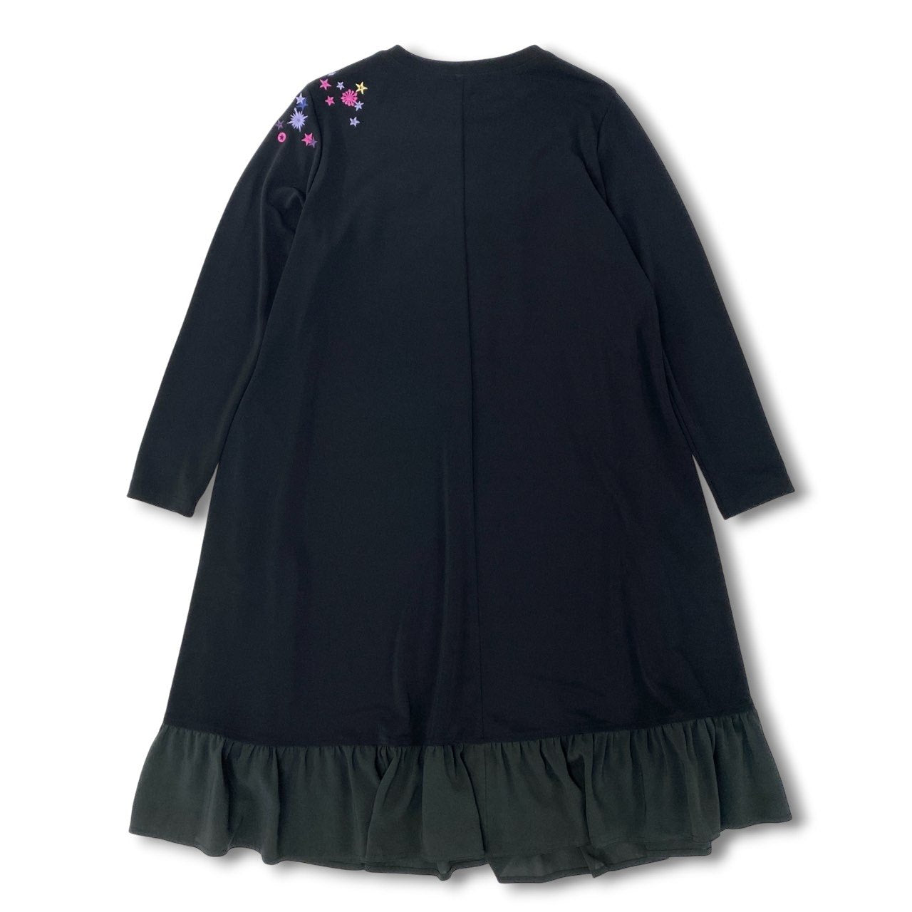 28k29《美品》 TOKUKO 1er VOL トクコプルミエヴォル 長袖 ロングワンピース 裾フリル 鳥 刺繍 ストレッチ○ レディース 女性用 9 ブラックu02t