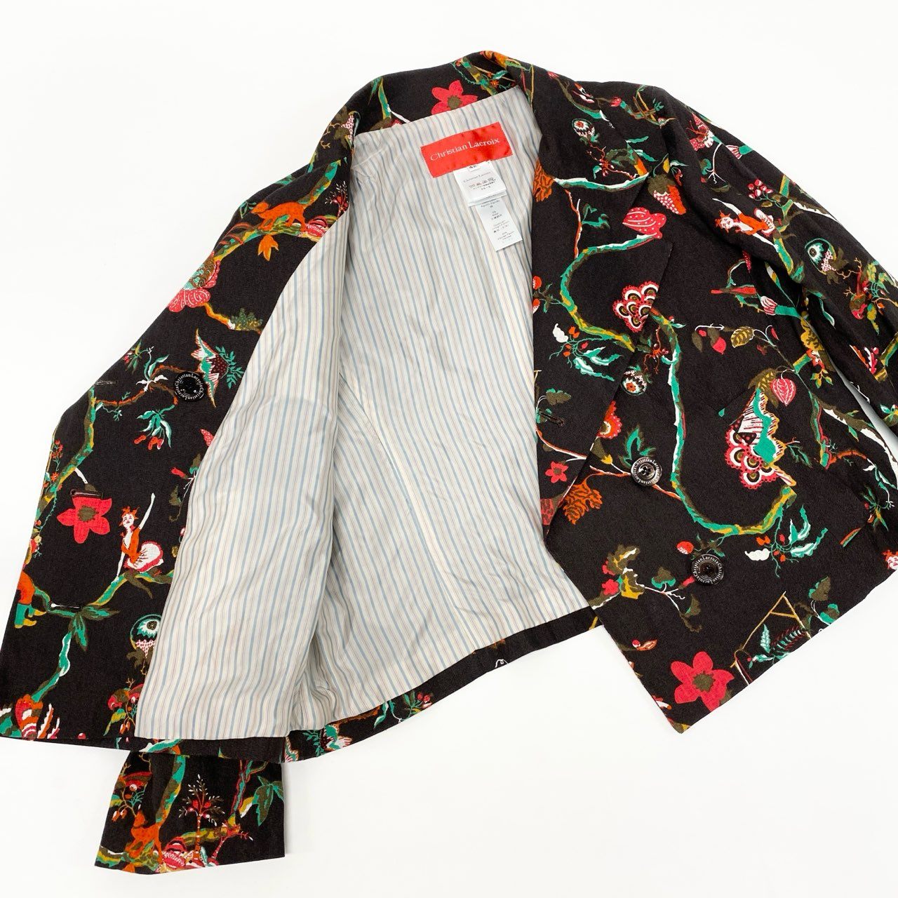 4k23 Christian Lacroix クリスチャンラクロワ セットアップスカート ダブルブレストジャケット フレアスカート 総柄 フェルトワッペン リネン混 レディース  42 ブラウンu02t