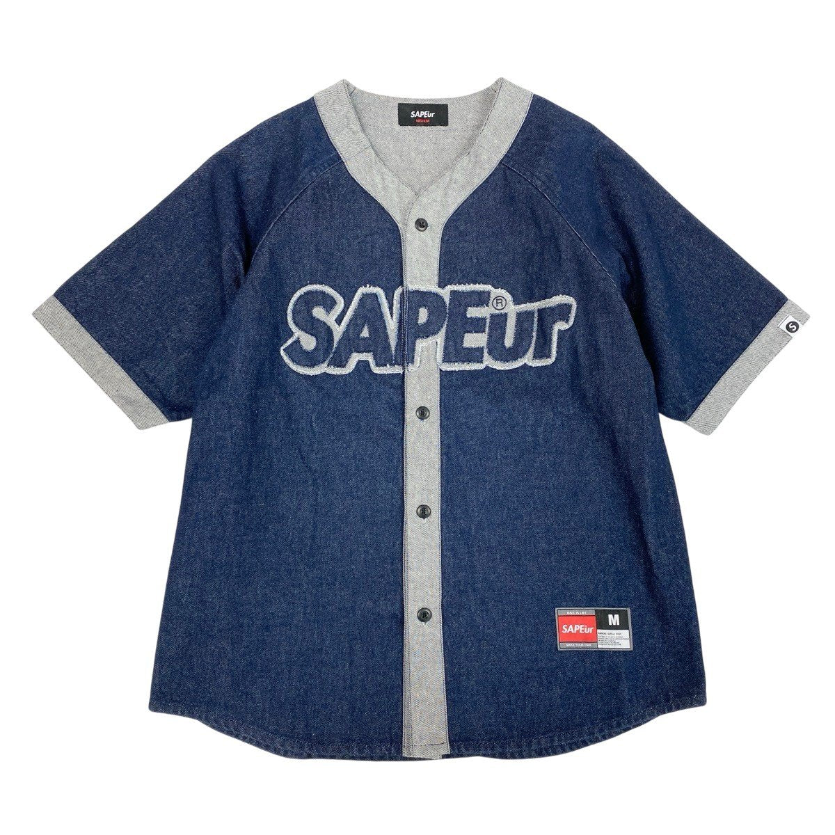 65f29 SAPEur サプール デニムシューディングシャツ オーバーサイズ フロントビッグロゴ サイズM インディゴ コットン100％ メンズ 紳士服o07t