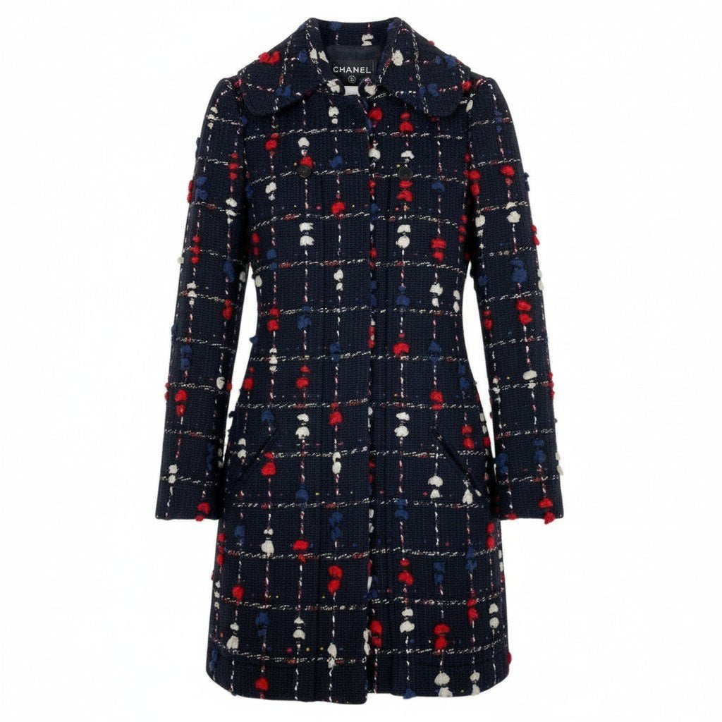 Cd2 《極美品》 CHANEL シャネル CCボタン ツイード ステンカラーコート CC Tweed Soutien Collar Coat P42157 サイズ36 ネイビー フランス製t18r