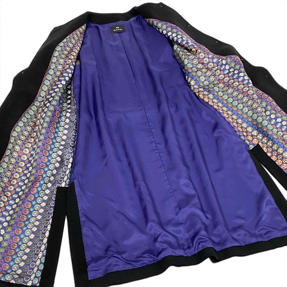 4g2 PS Paul Smith ピーエスポールスミス ノーカラーコート ロングコート 裏地総柄 ウールカシミヤ混 48L ブラック レディース 女性用o07t