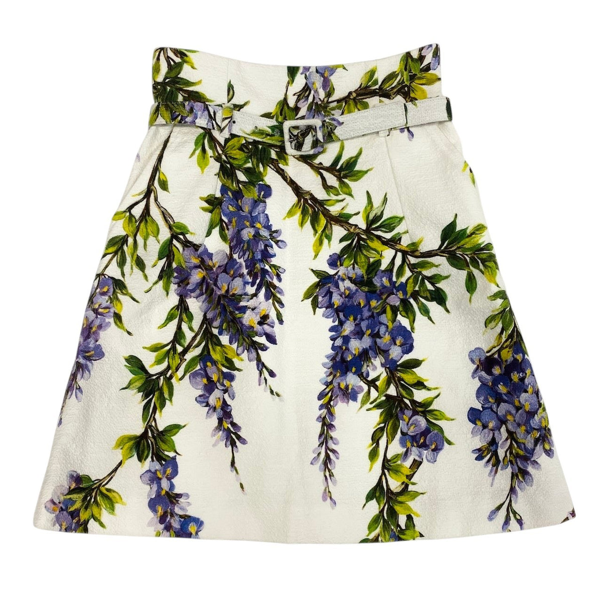 i18 【美品】DOLCE&GABBANA 台形スカート ベルトデザイン 藤の花 38サイズ マルチカラー レディース 女性用k02i