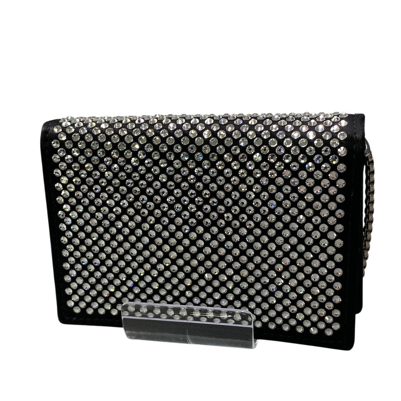PRADA プラダ ラインストーン フラップカードホルダー ミニバッグ ブラック シルバー レディースta1
