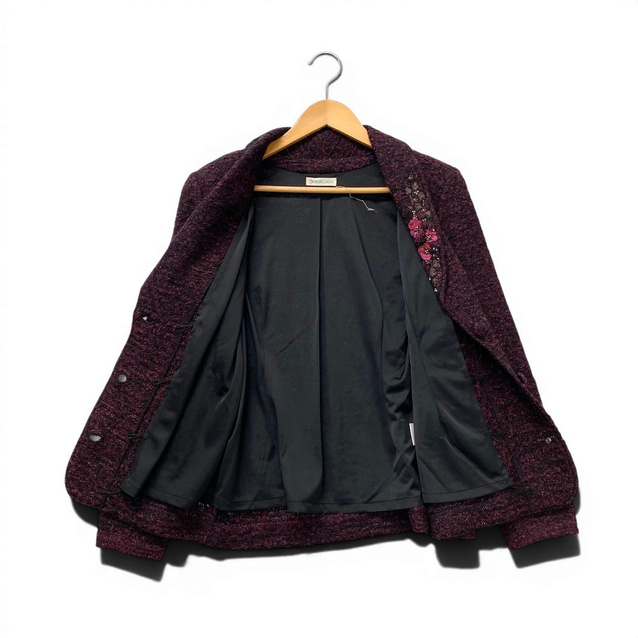32g2 ATELIER SAGAN アトリエサガン ニットテーラードジャケット ウールジャケット 襟花刺繍 Mサイズ パープル系 レディース 女性用u02t