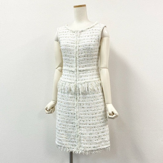 62g18 《美品》 Rene ルネ スパンコール × ツイード フロントジップ ノースリーブワンピース 34 ホワイト フリンジ ドレス