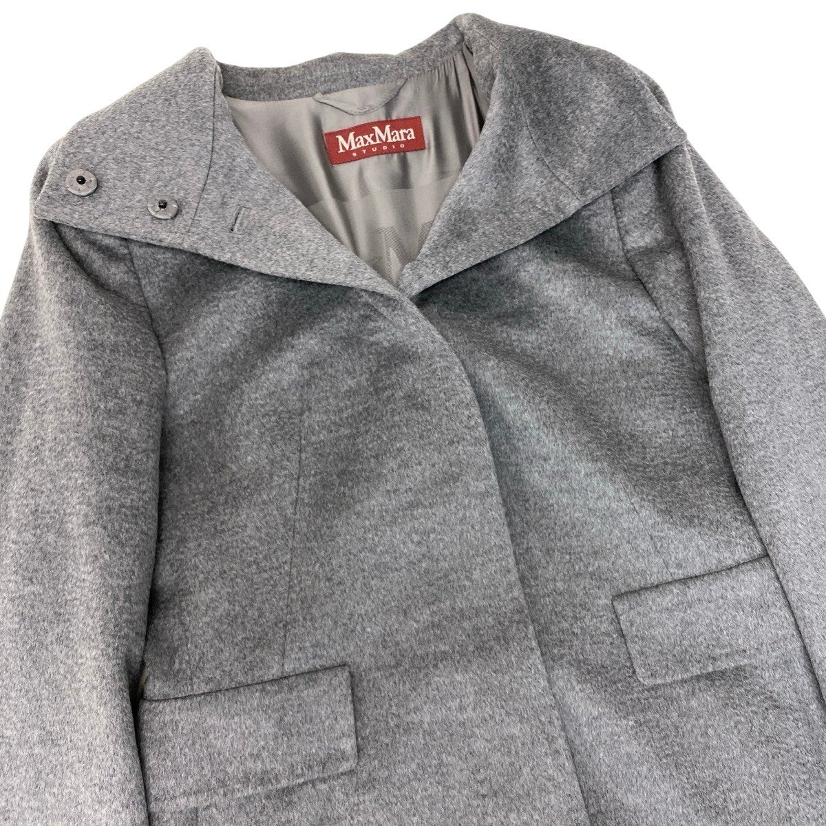 17g16【美品】 MaxMara STUDIO マックスマーラ ステュディオ スタンドカラーコート ロングコート 比翼ボタン サイズ42 グレー レディース 女性用u02t