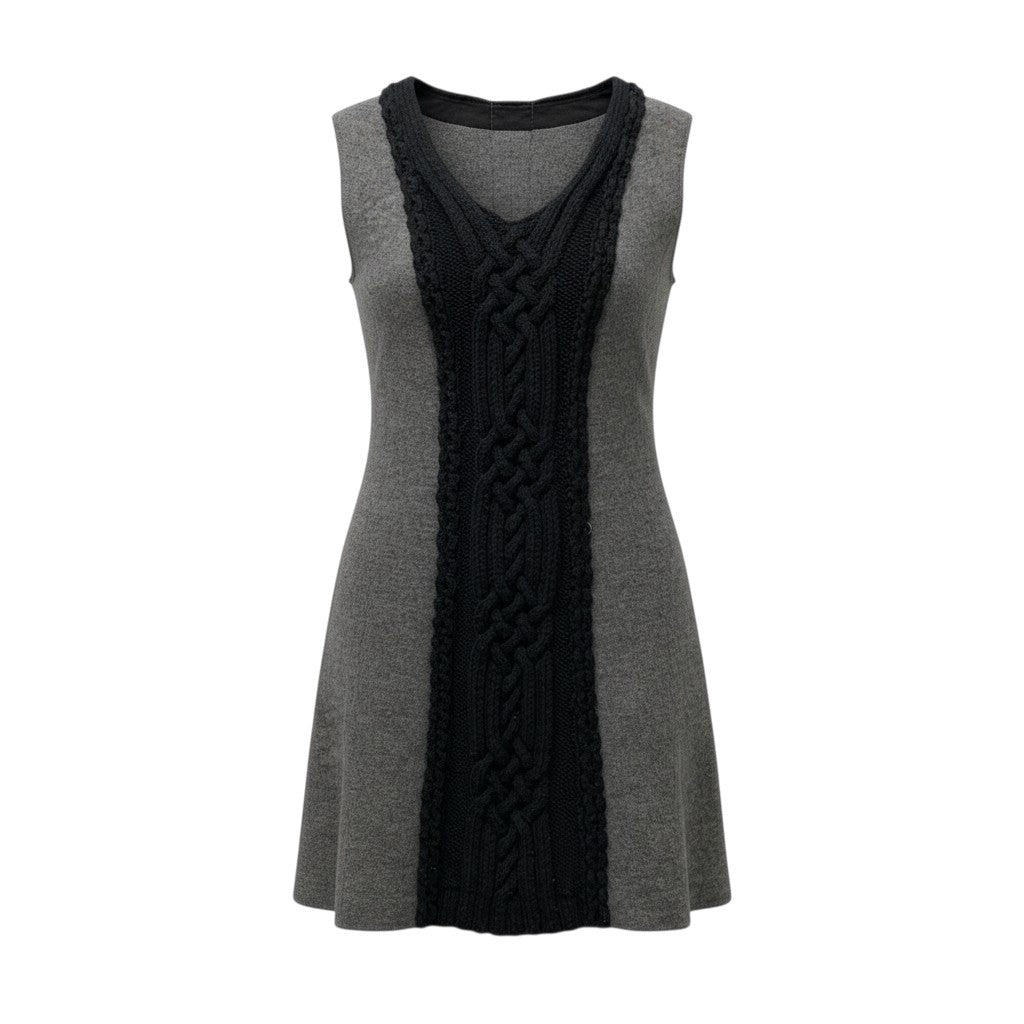 69c2 HIROKO BIS ヒロコビス ヒロココシノ ノースリーブワンピース 膝丈ワンピース アラン編み レディース 女性服 サイズ40 グレー ブラック ウール100％u02t