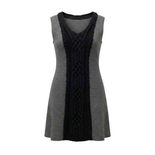 69c2 HIROKO BIS ヒロコビス ヒロココシノ ノースリーブワンピース 膝丈ワンピース アラン編み レディース 女性服 サイズ40 グレー ブラック ウール100％u02t
