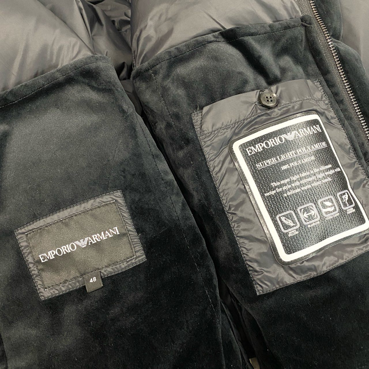 71a23 EMPORIO ARMANI エンポリオアルマーニ スーパーライト ダウンジャケット ベロア切替デザイン ダブルジップ サイズ48 ブラック メンズ 男性用 アウターk02i