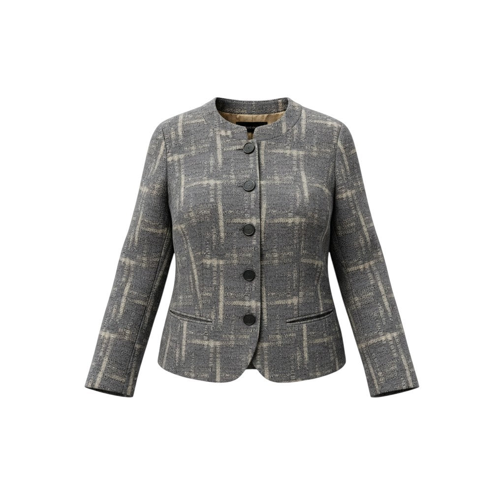38j22 【美品】EMPORIO ARMANI ICON エンポリオアルマーニ アイコン ノーカラージャケット チェック柄 アウター 38サイズ グレー レディース 女性用u02t