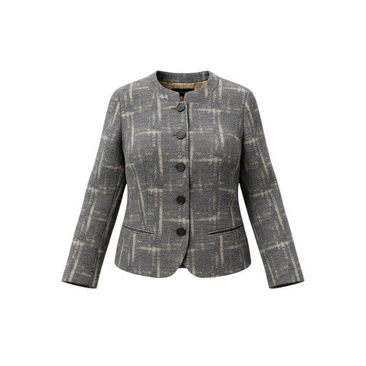 38j22 【美品】EMPORIO ARMANI ICON エンポリオアルマーニ アイコン ノーカラージャケット チェック柄 アウター 38サイズ グレー レディース 女性用u02t