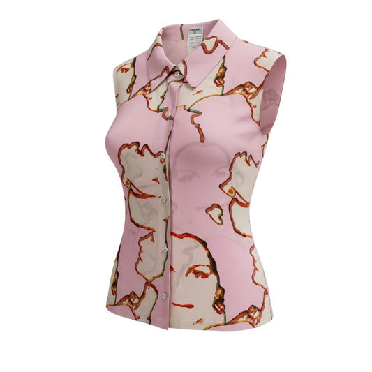 b23 CHANEL シャネル 1999年 99P ネクタイ付き ノースリーブ シルクブラウス サイズ38 ピンク シルク100％ レディース トップスta1