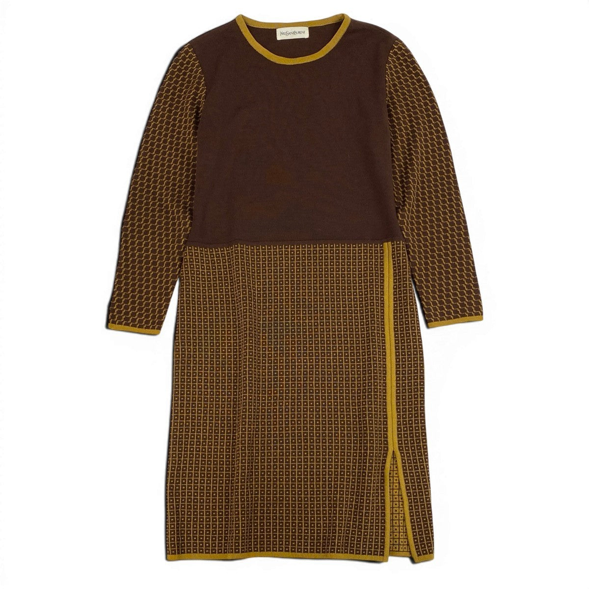 71f2 YVES SAINT LAURENT イヴサンローラン ロングスリーブ ニットワンピース 切替ワンピース バイカラー サイズM ブラウン イエロー レディース 女性服o07t