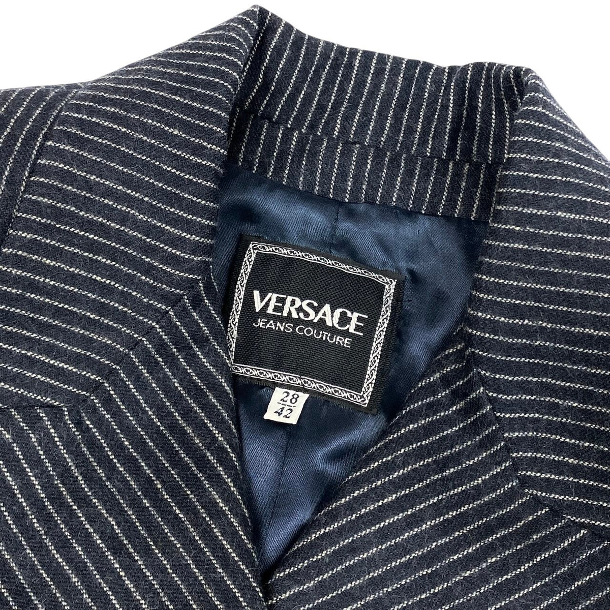 Ei20 VERSACE ヴェルサーチ メデューサボタン テーラードジャケット ダブル ストライプ 42 ネイビー ウール レディースo07t