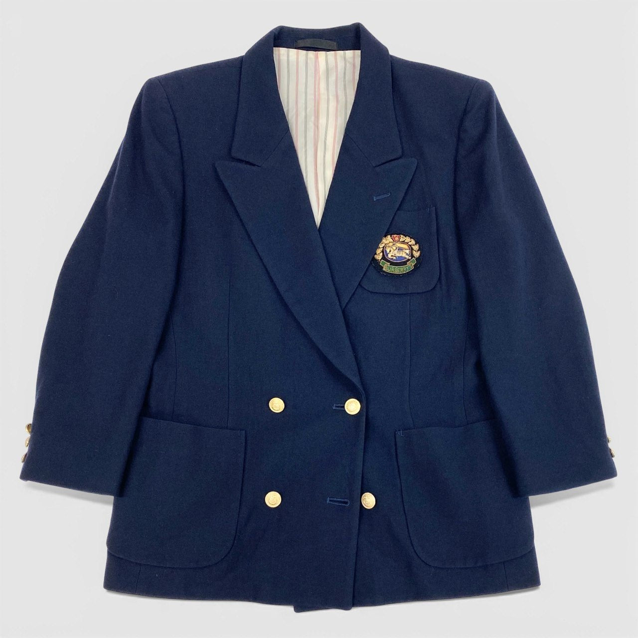 22a23 Burberrys バーバリーズ 紺ブレザー テーラードジャケット ダブルブレスト エンブレム ワッペン 9 ネイビー ウール レディースu02t