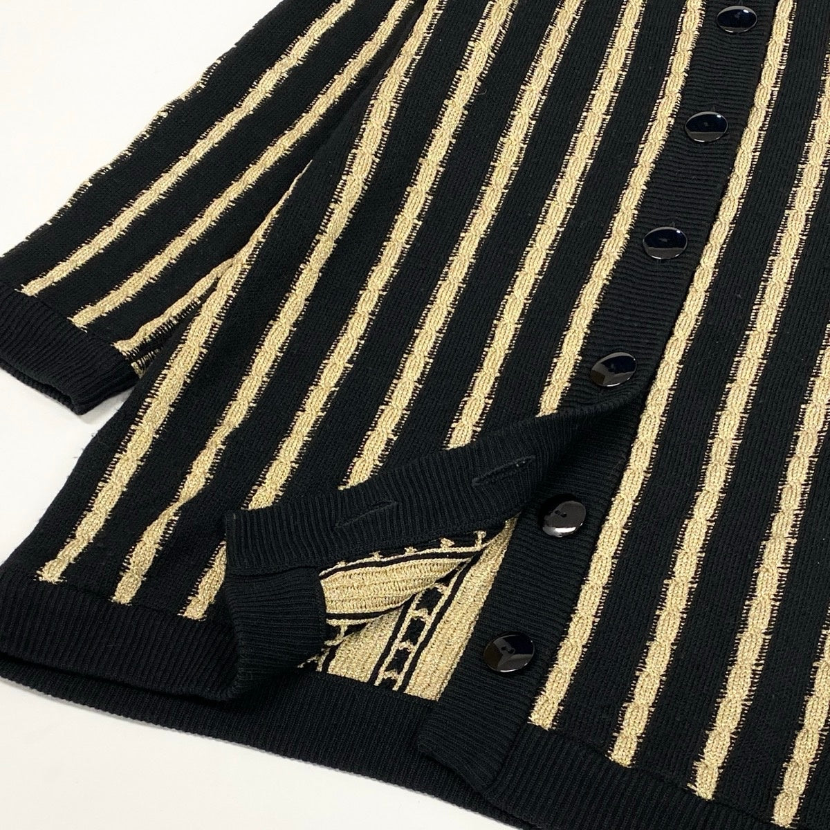 65e2 YVES SAINT LAURENT イヴサンローラン ロングスリーブ ニットカーディガン チュニック丈 サイズM ブラック ゴールド ウール100％ レディース 女性服o07t