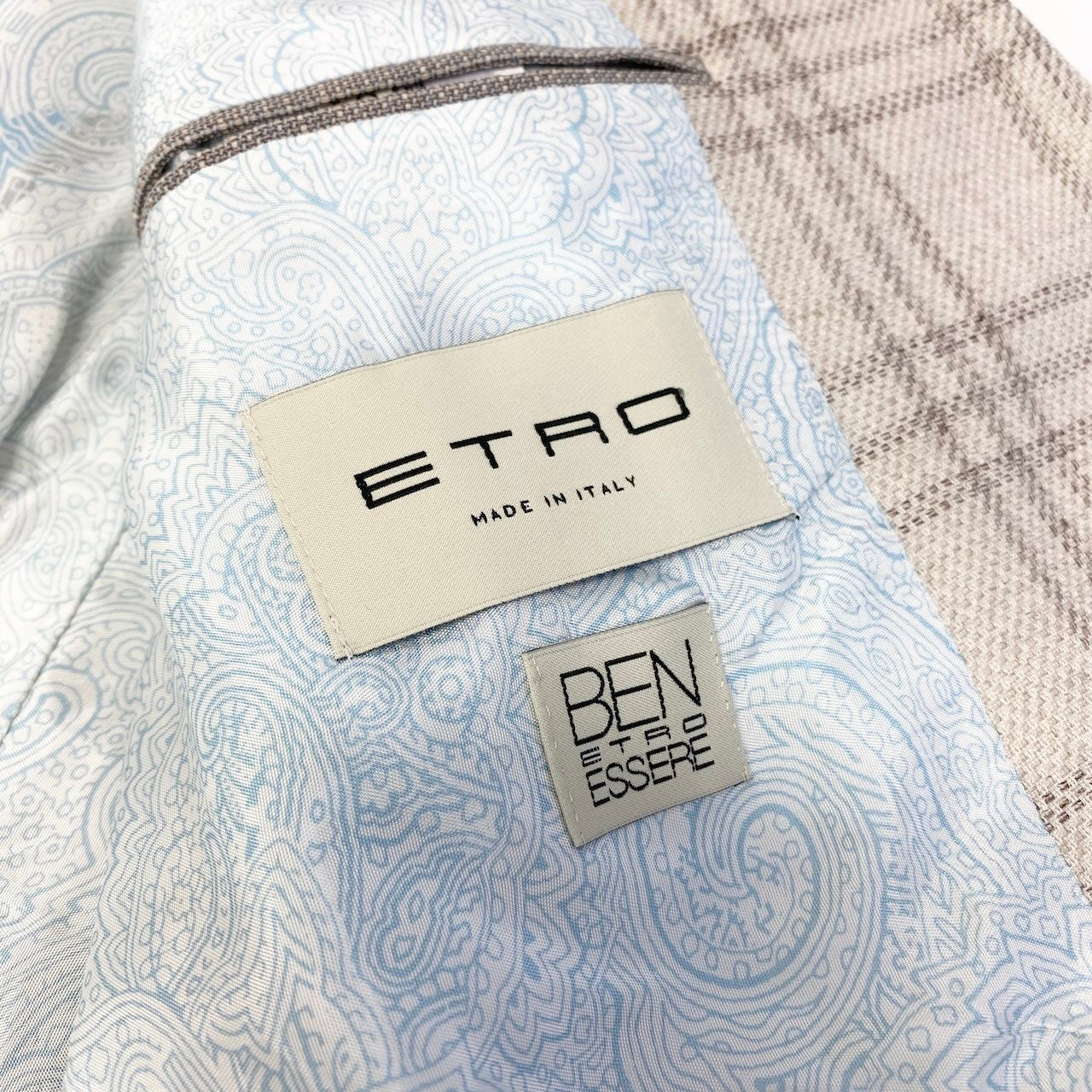 48c18 ETRO エトロ テーラードジャケット チェック柄 裏地ペイズリー柄 イタリア製 コットンリネン混 メンズ 男性用 52 ベージュ系u02t