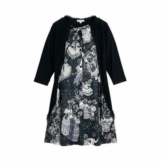 3k19《美品》 TOKUKO 1er VOL トクコプルミエヴォル ロングワンピース シャツワンピース 前開き Aライン プリント 9 ブラック レディースu02t