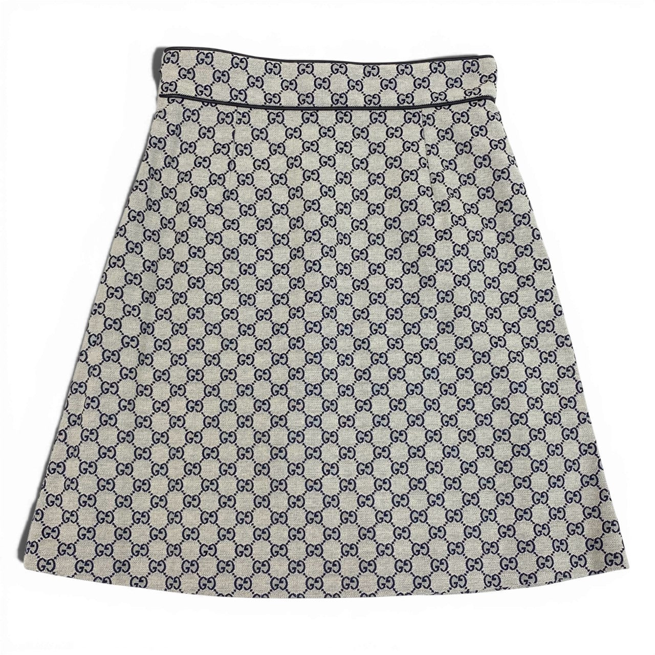 Ia15 GUCCI グッチ レザーパイピング ジャガード GGキャンバス Aラインスカート サイズ42 グレー系 レディースk02i