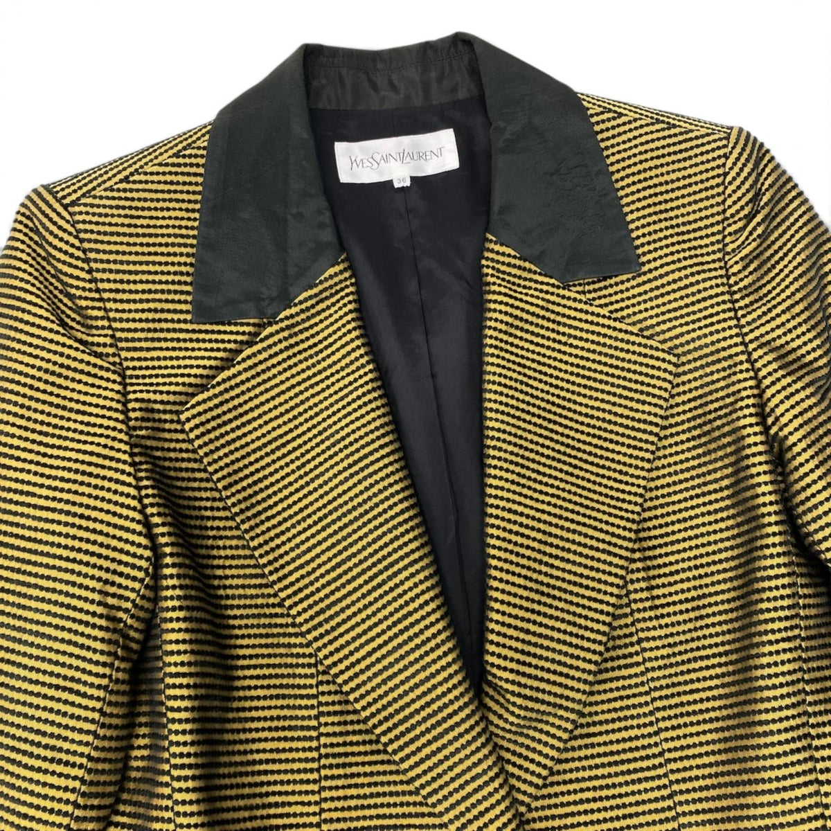 86i15 YVES SAINT LAURENT イヴサンローラン テーラードジャケット ストライプ柄 異素材切替 サイズ36 ブラック イエロー レディースo07t