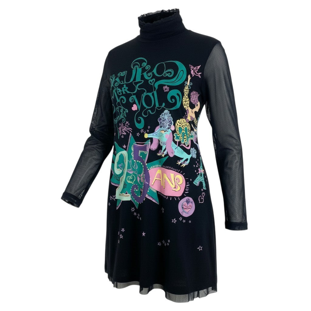 8c11 TOKUKO 1er VOL トクコプルミエヴォル チュニックワンピース シアースリーブ ハイネック フロントロゴプリント ストレッチ レディース 女性服 サイズ9 ブラックu02t