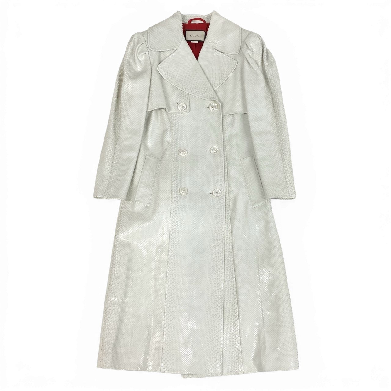 b4【美品】GUCCI グッチ トレンチコート ロングコート ヘビ 裏地 鯉 刺繍 イタリア製 40サイズ ホワイト 蛇革 レディースk02i