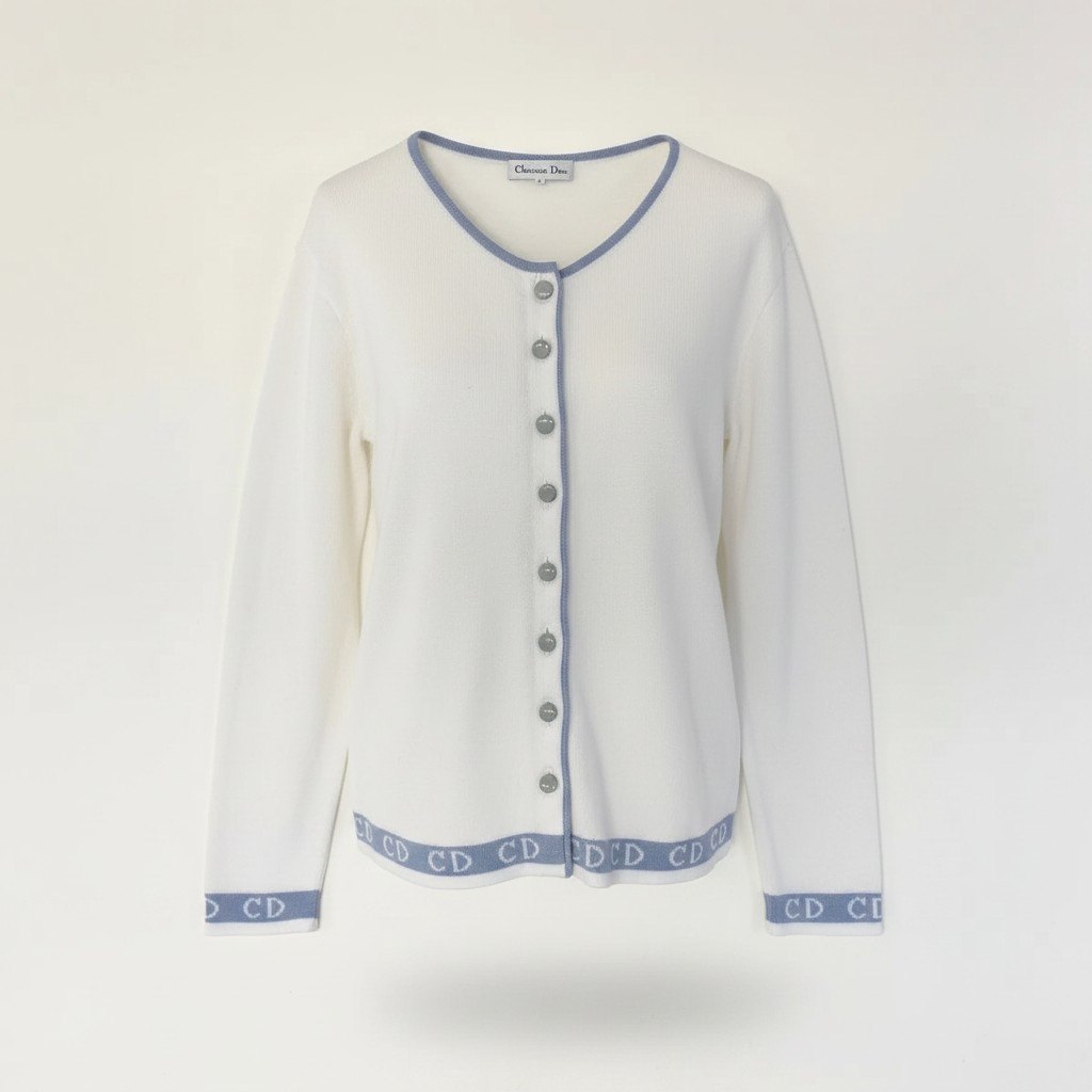 Eg8 Christian Dior クリスチャンディオール ロングスリーブ ニットカーディガン  CDロゴ バイカラー サイズL ホワイト レディースo07t