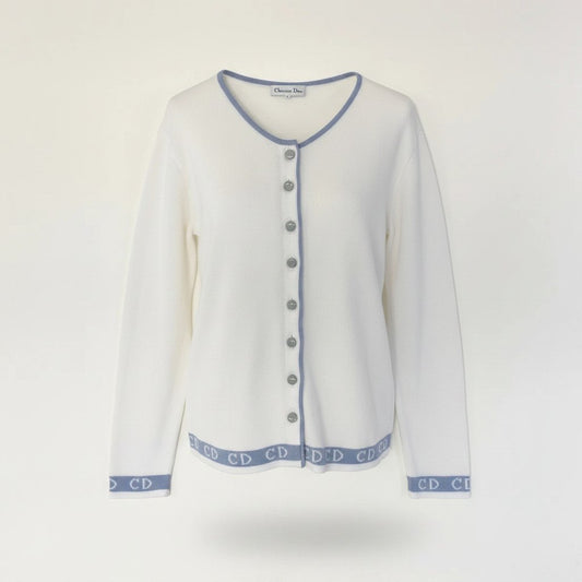 Eg8 Christian Dior クリスチャンディオール ロングスリーブ ニットカーディガン  CDロゴ バイカラー サイズL ホワイト レディースo07t