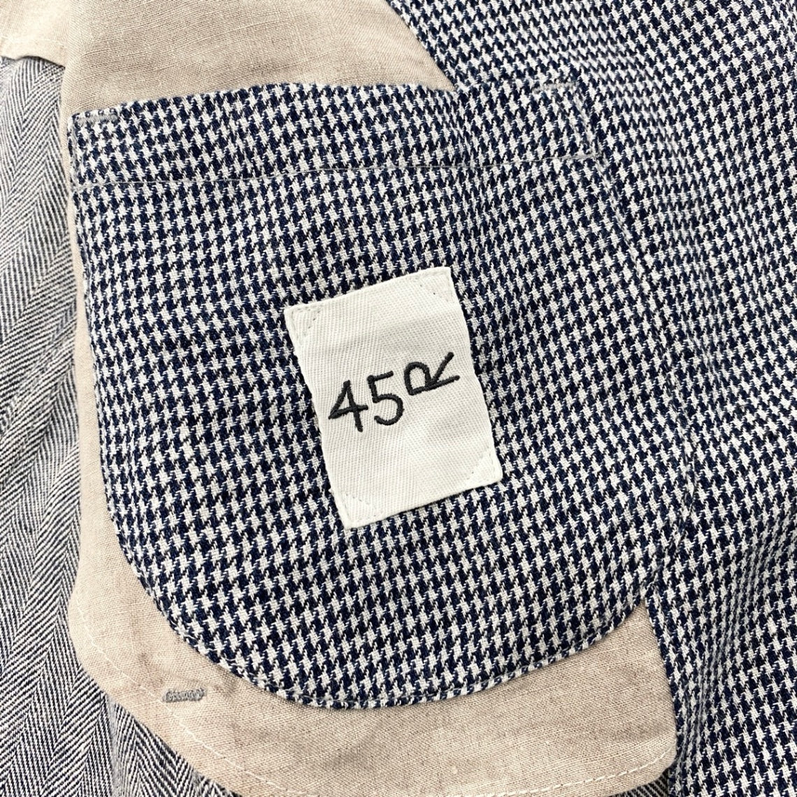 7j20 【美品】45R フォーティーファイブアール ノーカラーリネンジャケット ロゴ刺繍 ヘリンボーン 日本製 2サイズ ネイビー系 リネン100％ レディース 女性用u02t